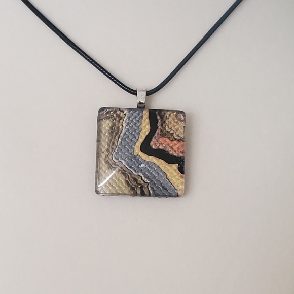 Handmade Abstract Art Pendant • Leather Base • Glass Cabochon Necklace - Picture 2 of 9